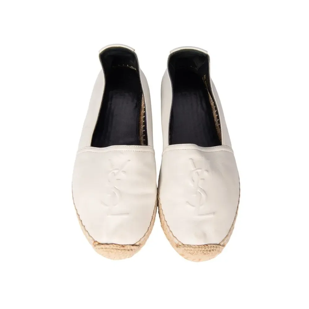 SAINT LAURENT White Leather Logo Espadrilles Size 37.5 - Picture 2 of 4